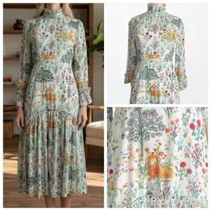 Artsy Whimsical Lion Unicorn Print High Ruffle Neck Maxi dress Blue SZ L